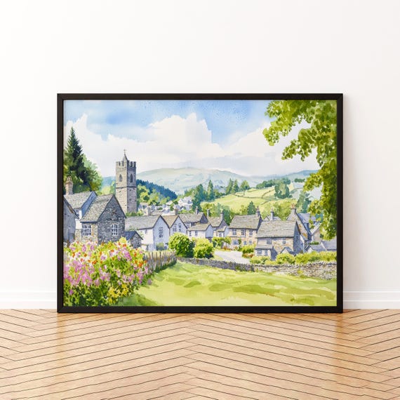 Hawkshead England Watercolor Poster Travel Print Lake District Village Painting Countryside Wall Art Uk Souvenir