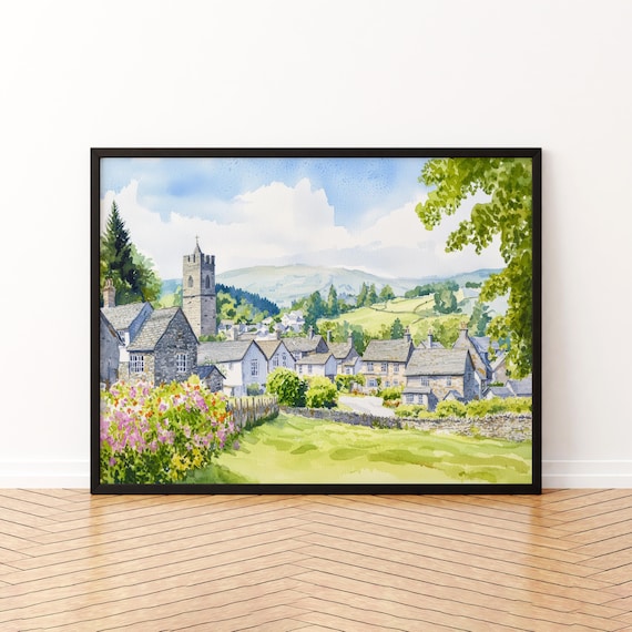 Hawkshead Lake District English Village Watercolor Art Poster