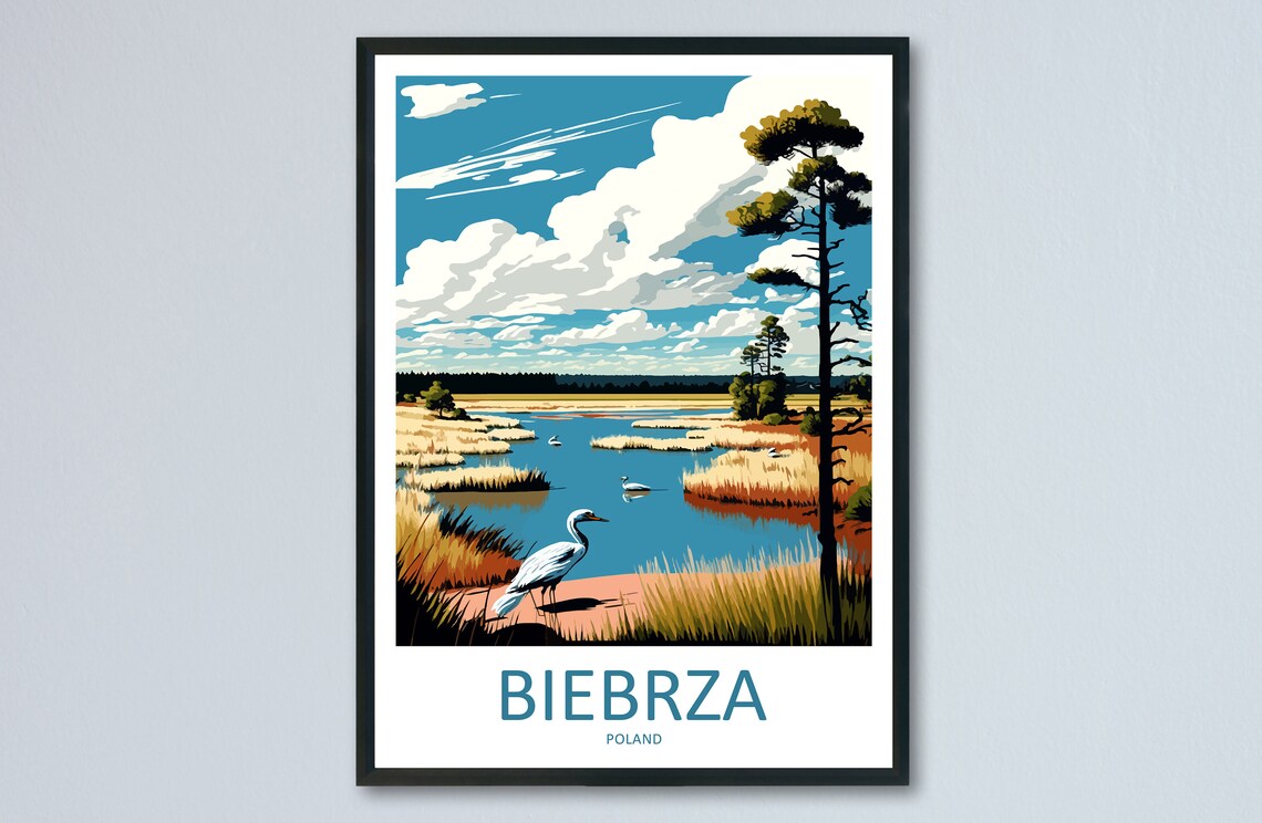 Biebrza Poland Marshland Heron Wetland Wildlife Retro Travel Poster