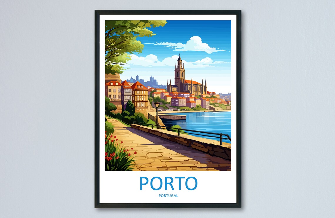 Porto Riverside Promenade with Cathedral Douro River Portugal Poster