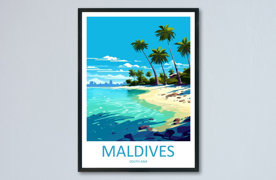 Maldives Tropical Beach With Palm Trees Illustrated Travel Poster