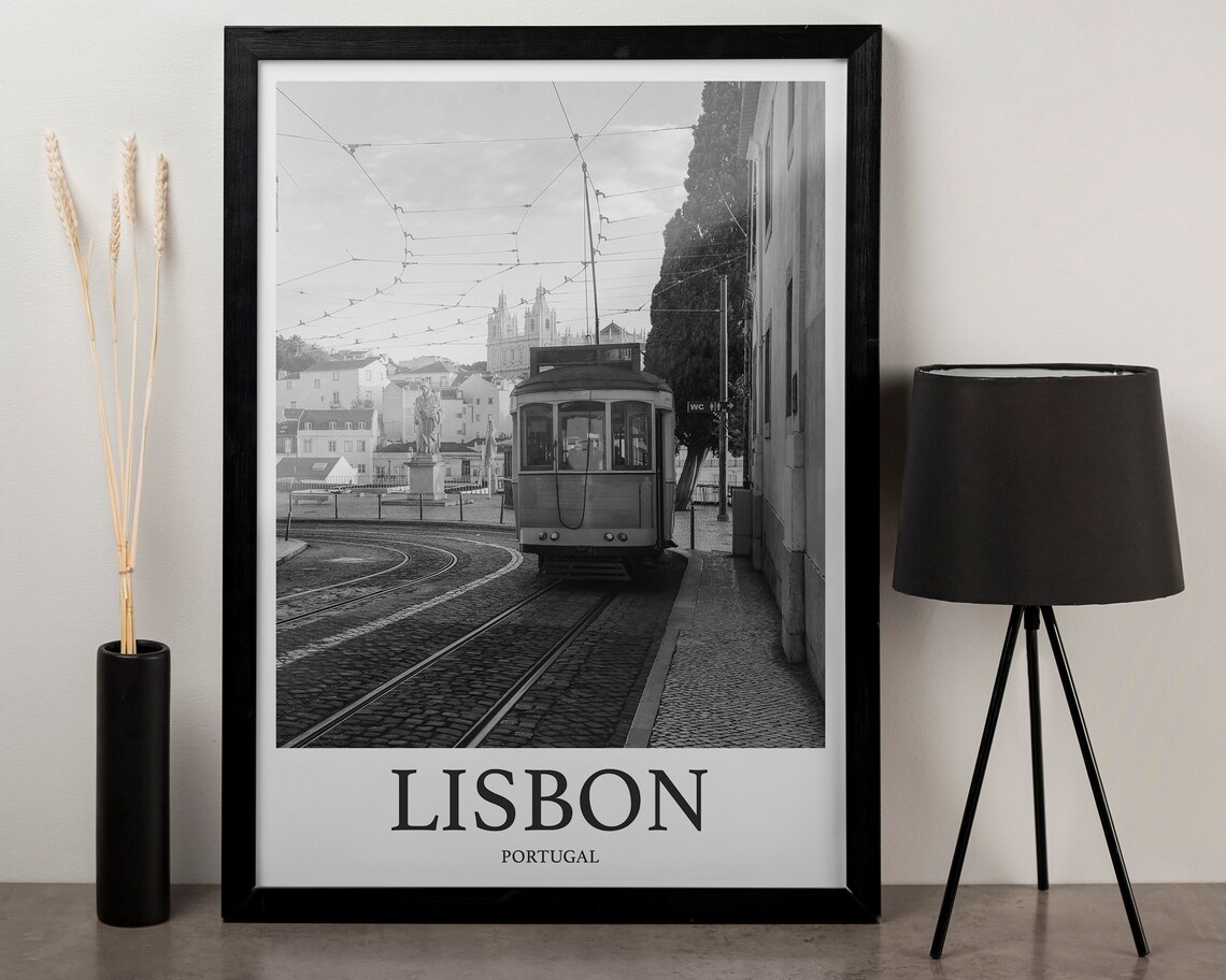Lisbon Portugal Classic Tram Cobblestone Curve Street Poster - Image 3