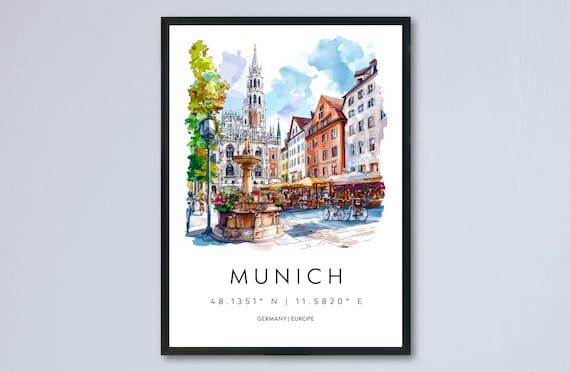 Munich Watercolor Germany Marienplatz Town Hall Square Travel Poster