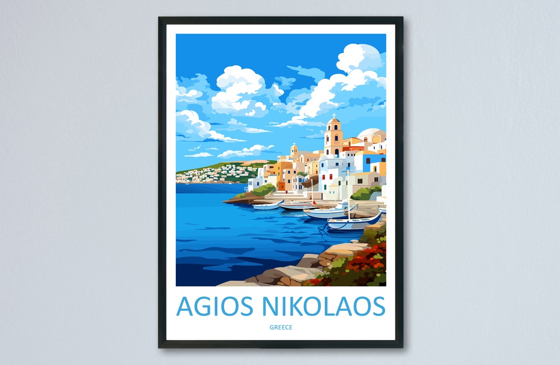 Agios Nikolaos Greece Harbor Boats Whitewashed Town Travel Poster