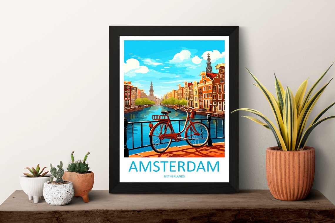 Amsterdam Canal Bridge Red Bicycle Netherlands Travel Poster - Image 3