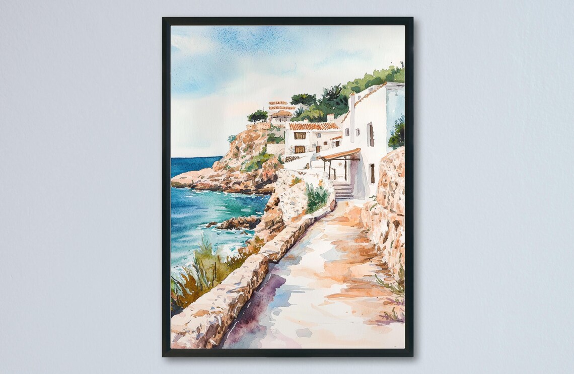 Ibiza Spain Whitewashed Coastal Cove Watercolor Travel Poster