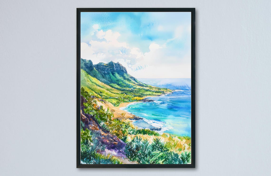 Makapuu Point Hawaii Coastline Watercolor Scenic Cliff Art Poster