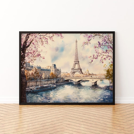 Paris Eiffel Tower Watercolor Seine Bridge Cherry Blossom Poster