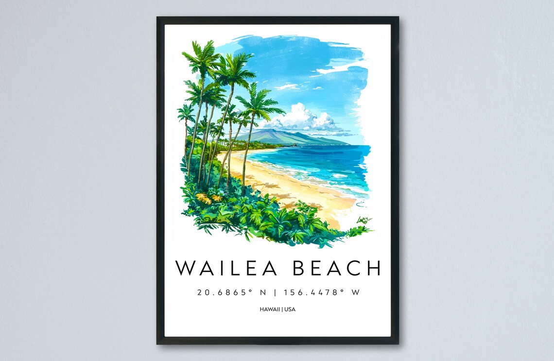 Tall Wailea Beach Hawaii Palm Lined Golden Shore Watercolor Poster
