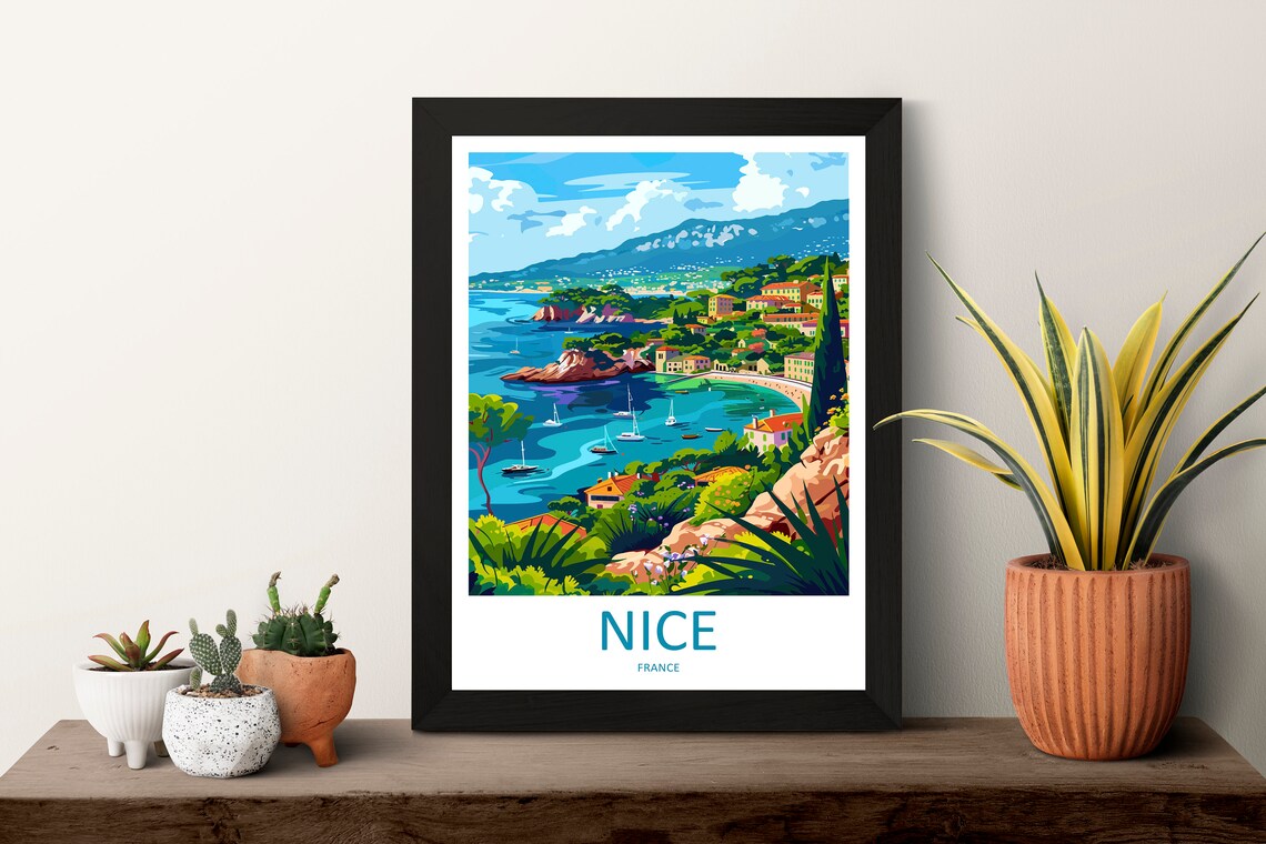 Nice France Coastal Bay Sailboats Hillside Town Scene Poster - Image 3