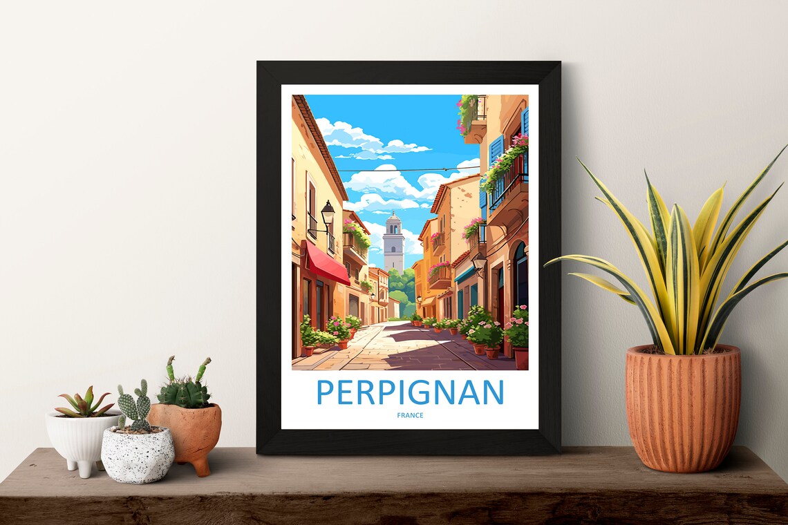 Perpignan France Sunny Flower Street Church Tower Travel Poster - Image 3