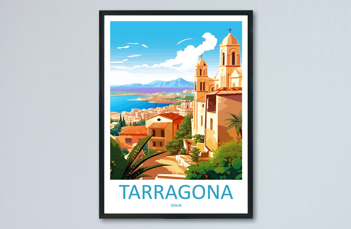 Tarragona Spain Cathedral Towers Mediterranean Sea View Retro Poster