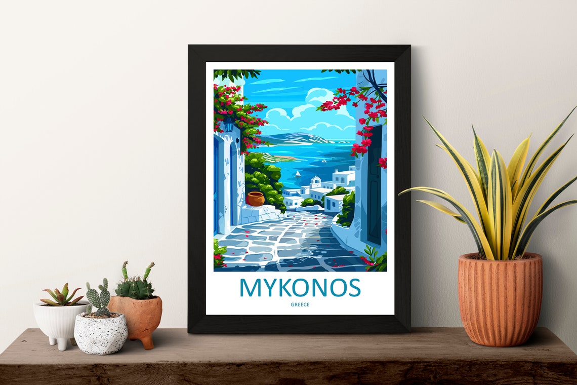 Mykonos Greece White Alley Bougainvillea Aegean Sea View Poster - Image 3