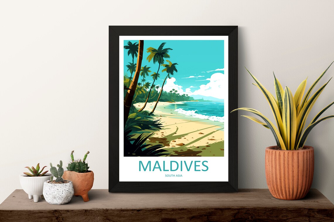 Maldives White Sand Beach Palm Trees Tropical Island Travel Poster - Image 3