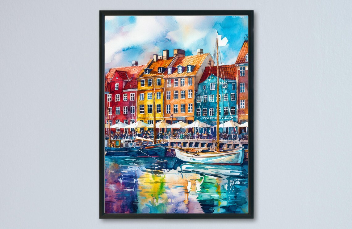 Copenhagen Denmark Nyhavn Harbor Watercolor Travel Art Poster