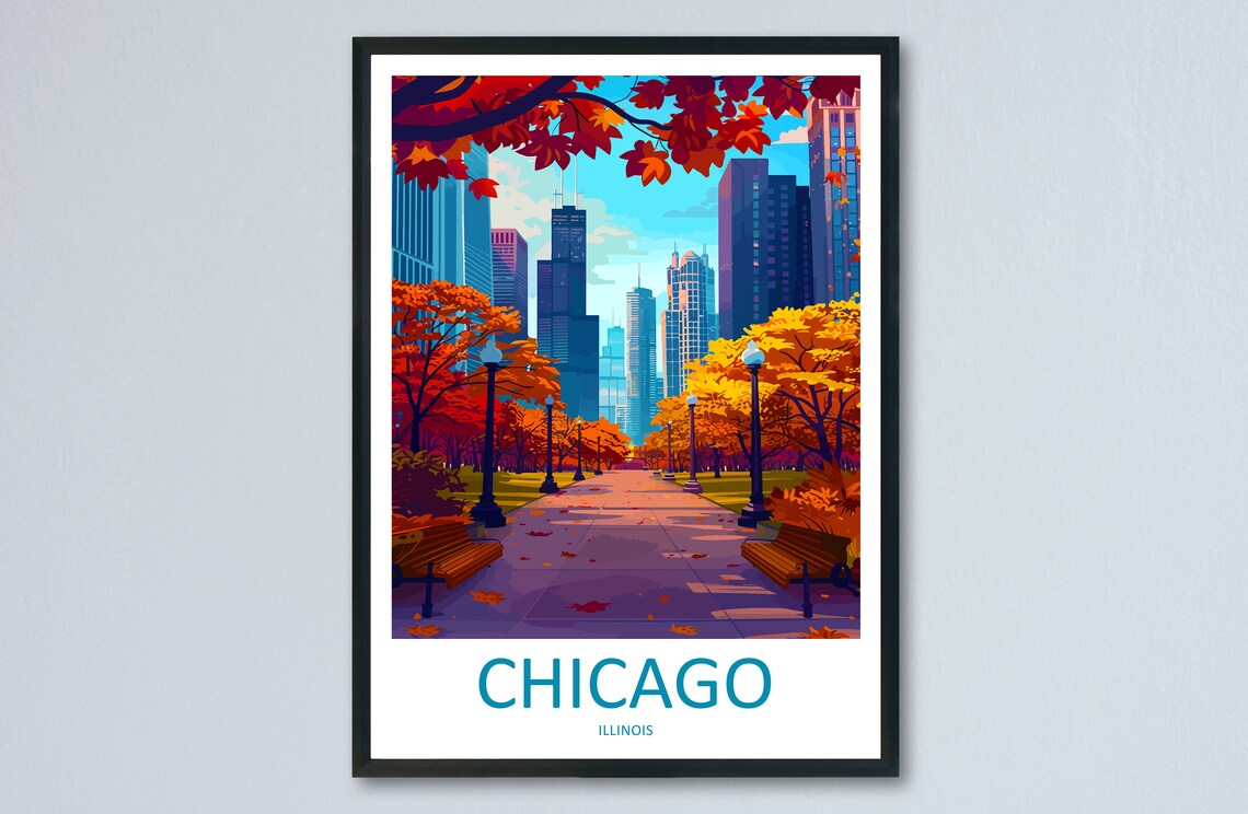 Chicago Illinois Autumn Park Path City Skyline View Travel Poster