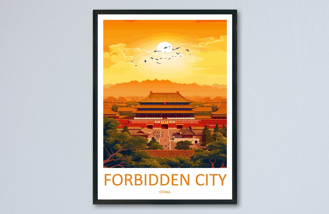 Forbidden City China Sunset Palace Golden Sky Beijing Travel Poster