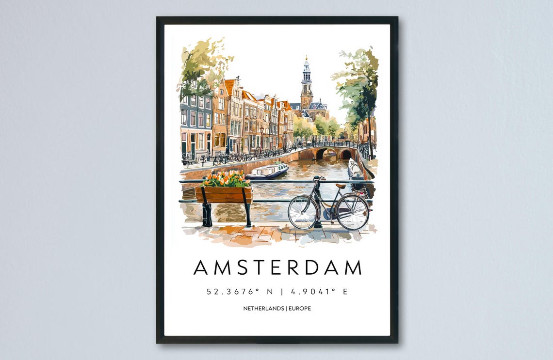 Amsterdam Canal Bicycle Watercolor Netherlands Souvenir Travel Poster