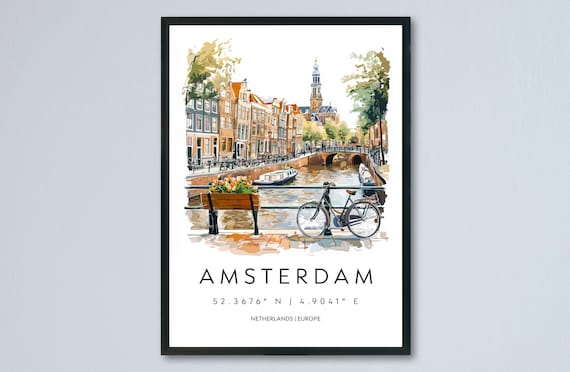 Amsterdam Canal Bicycle Watercolor Netherlands Souvenir Travel Poster