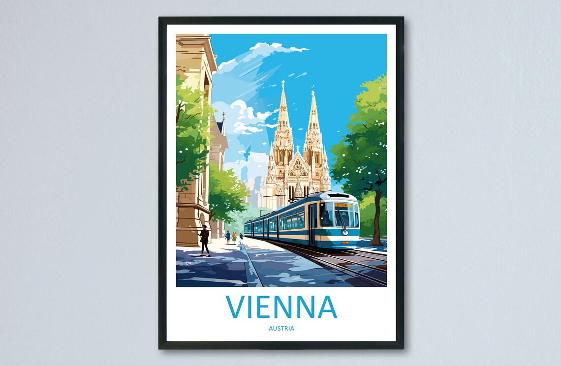 Vienna Austria Twin Spired Church Vintage Tram Street Scene Poster