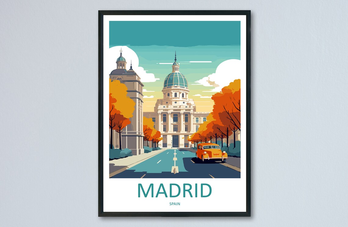 Madrid Spain Historic Palace Autumn Street Vintage Car Poster