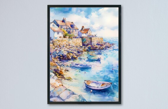 Coverack Cornwall Rocky Cove Cottages and Boats Watercolor Poster