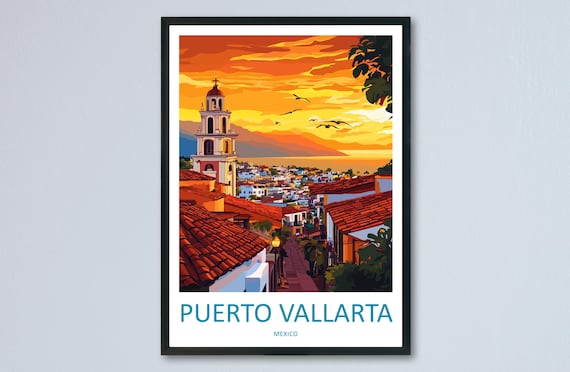 Puerto Vallarta Sunset Church Tower Mexico Vintage Travel Poster