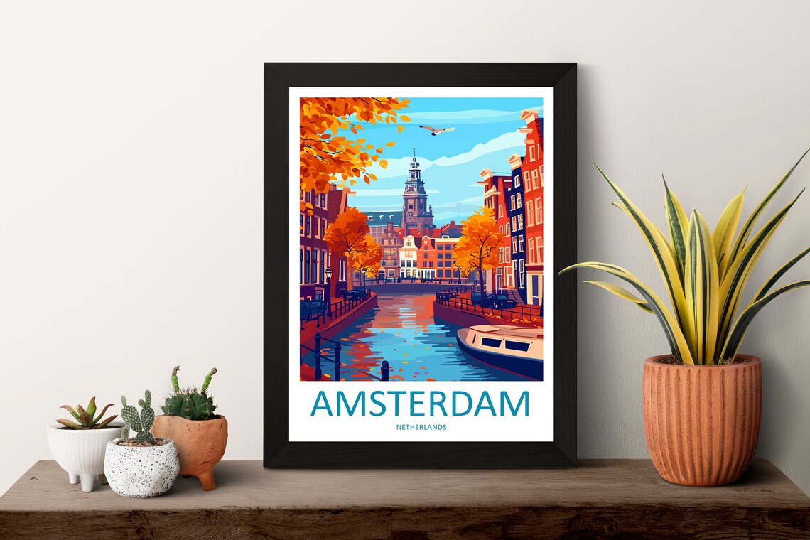 Amsterdam Netherlands Autumn Canal Church Tower Boats Travel Poster - Image 3