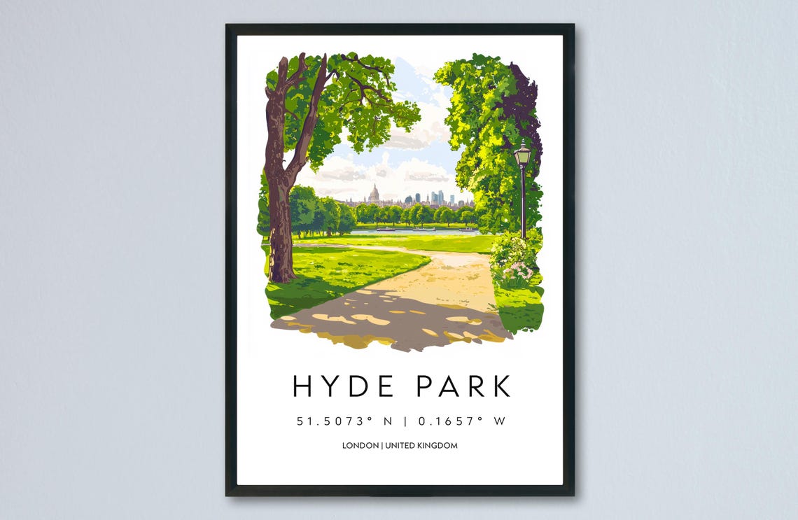 Hyde Park London Tree Lined Path City Skyline Watercolor Poster