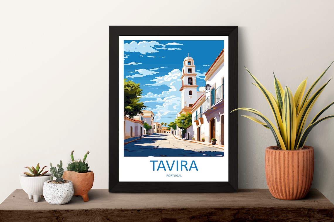 Tavira Portugal Whitewashed Street Church Tower Corner Poster - Image 3