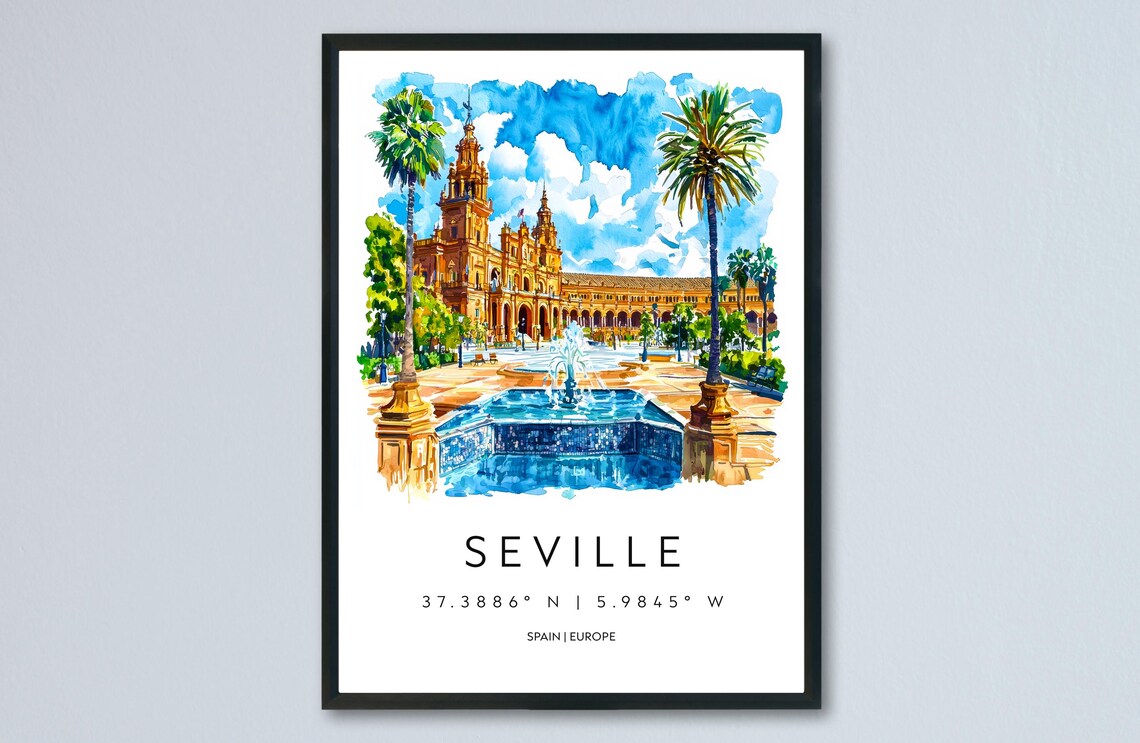 Seville Plaza De Espana Watercolor Travel Poster With Coordinates