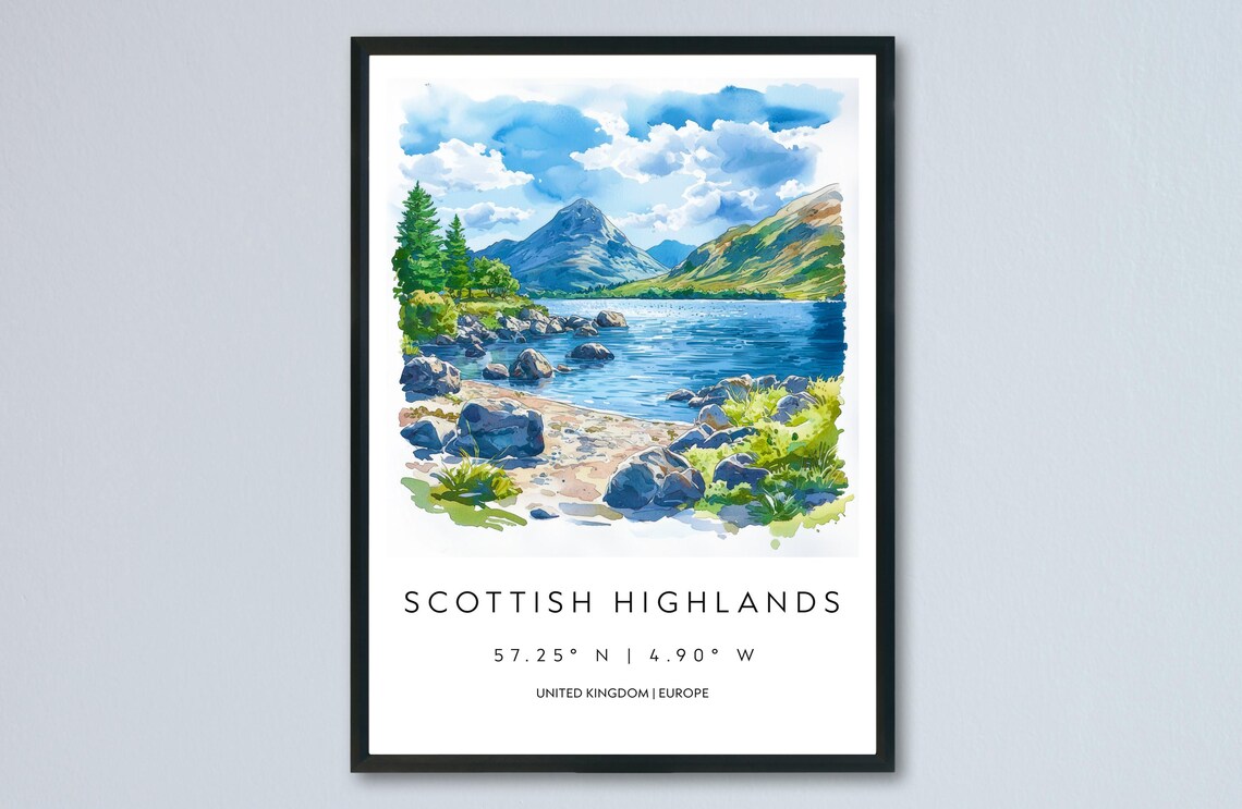 Scottish Highlands Watercolor Lake Travel Poster With UK Coordinates