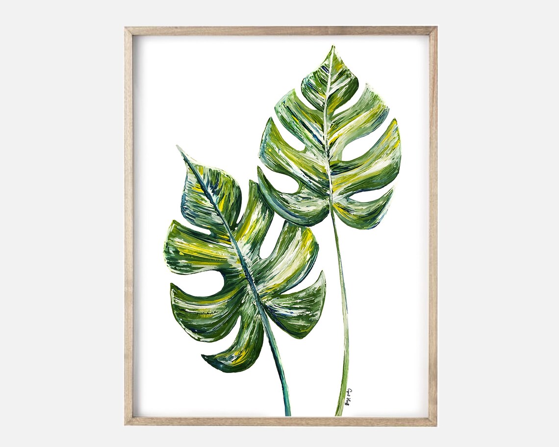 Two Monstera Leaves Watercolor Botanical Print Close Up Green Foliage - Image 2