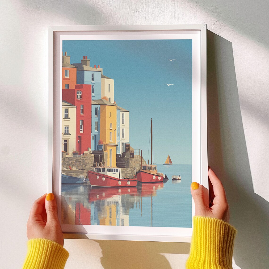 Colorful Seaside Harbor Houses Poster Red Boats Coastal Town Art