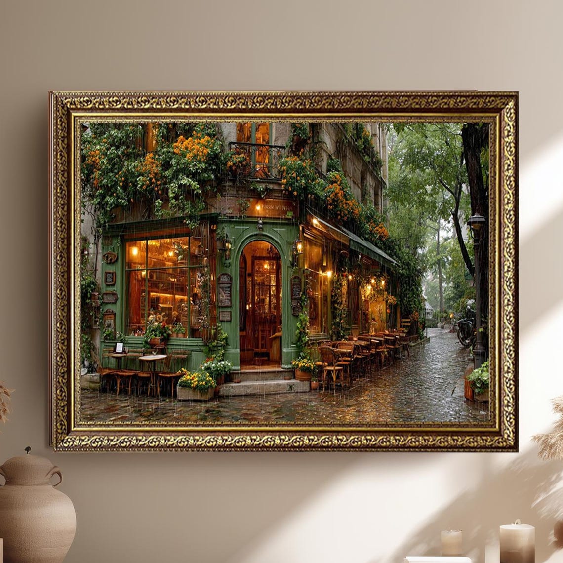 Rainy Day French Cafe Green Facade European Street Scene Poster