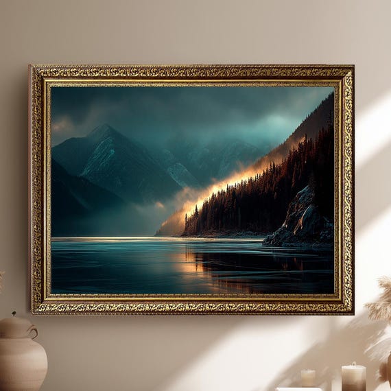 Misty Mountain Lake Canvas Wall Art Dramatic Forest Landscape Print Nature Inspired Artwork For Cabin Lodge Or Modern Home Decor