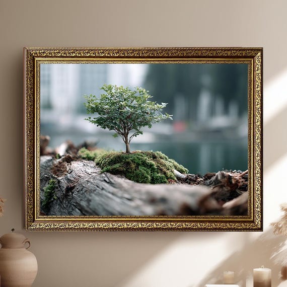 Minimalist Bonsai Tree Canvas Wall Art On Mossy Log Zen Nature Photography Print For Calm Home Wabi Sabi Decor Or Office Design
