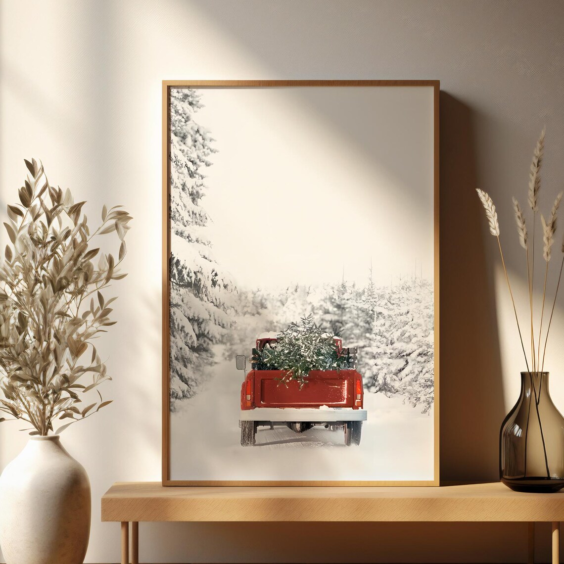 Vintage Red Truck Christmas Tree In Snowy Forest Holiday Poster