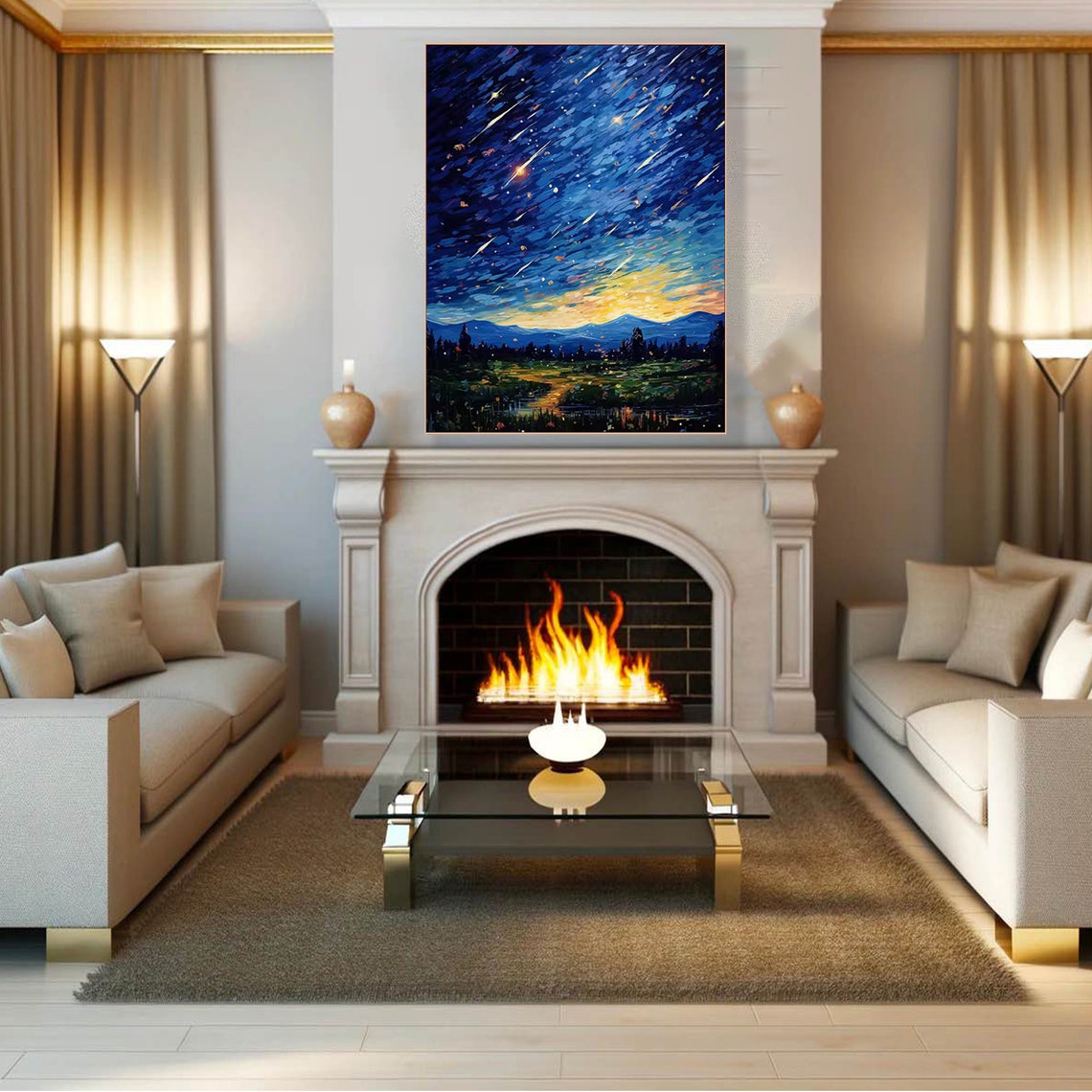 Starry Night Meteor Shower Over Mountains Oil Painting Travel Poster - Image 3