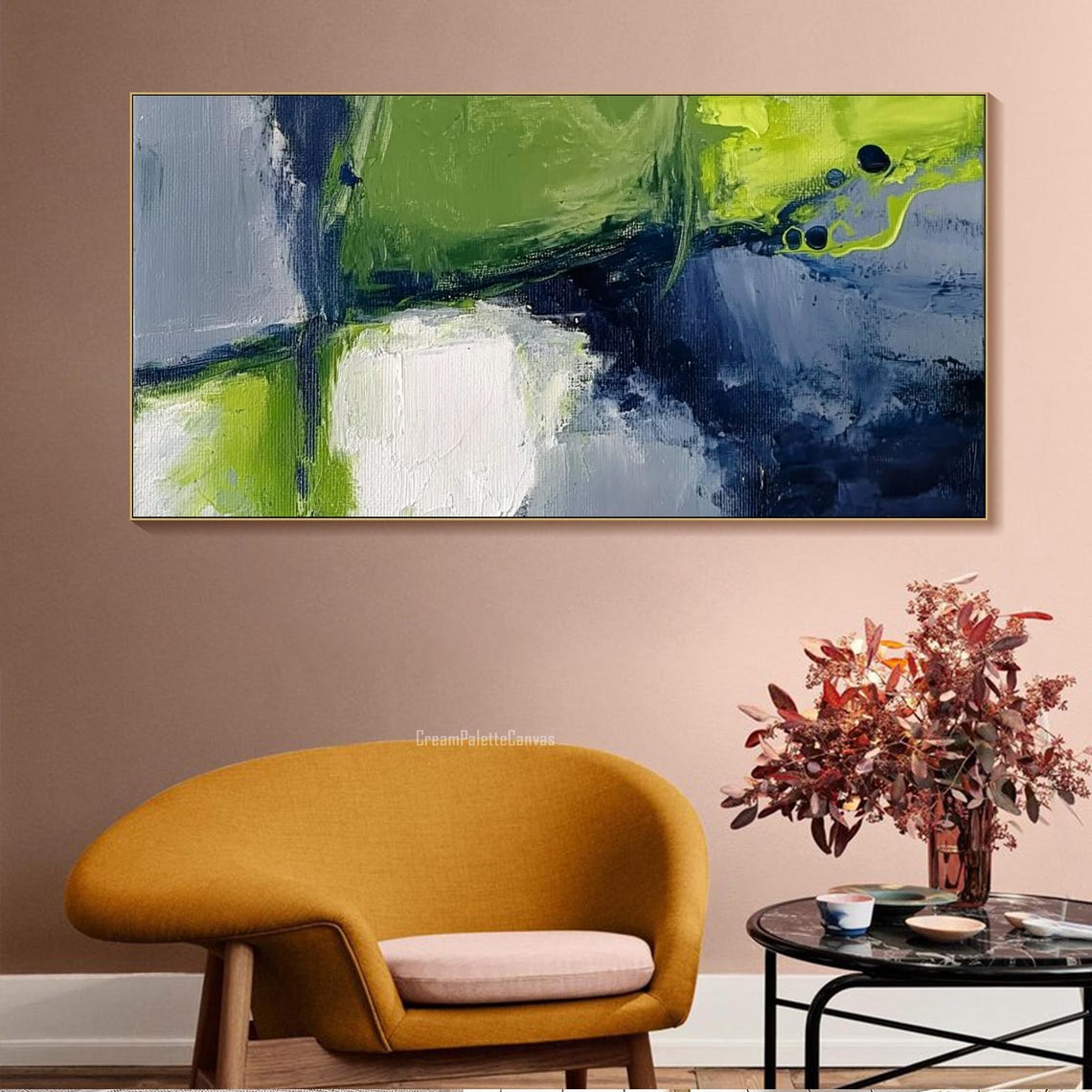 Green Navy Abstract Blocks Textured Oil Painting Modern Wall Art - Image 3