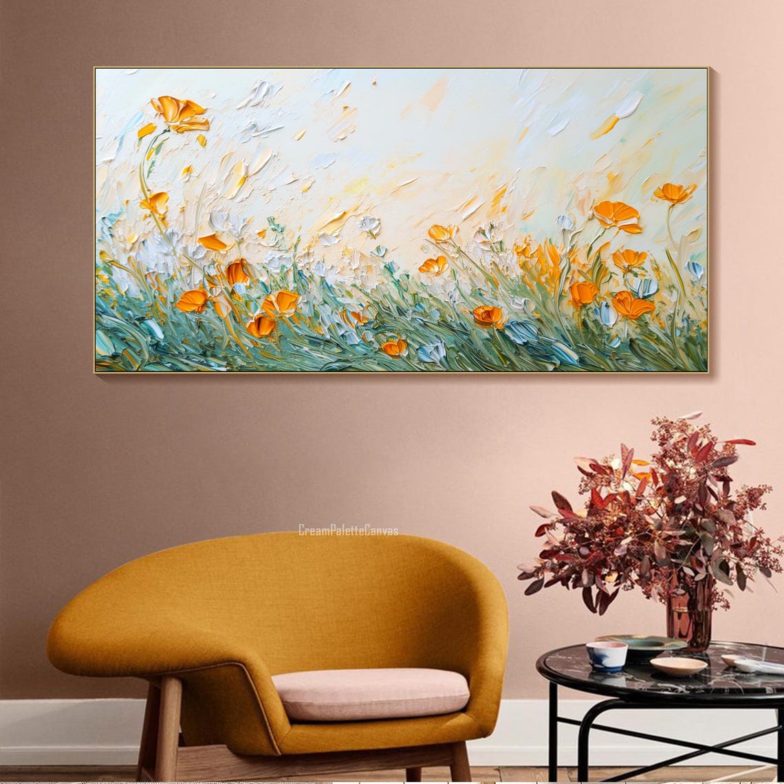 Orange Poppies White Wildflowers Breeze Textured Oil Painting Wall Art - Image 3