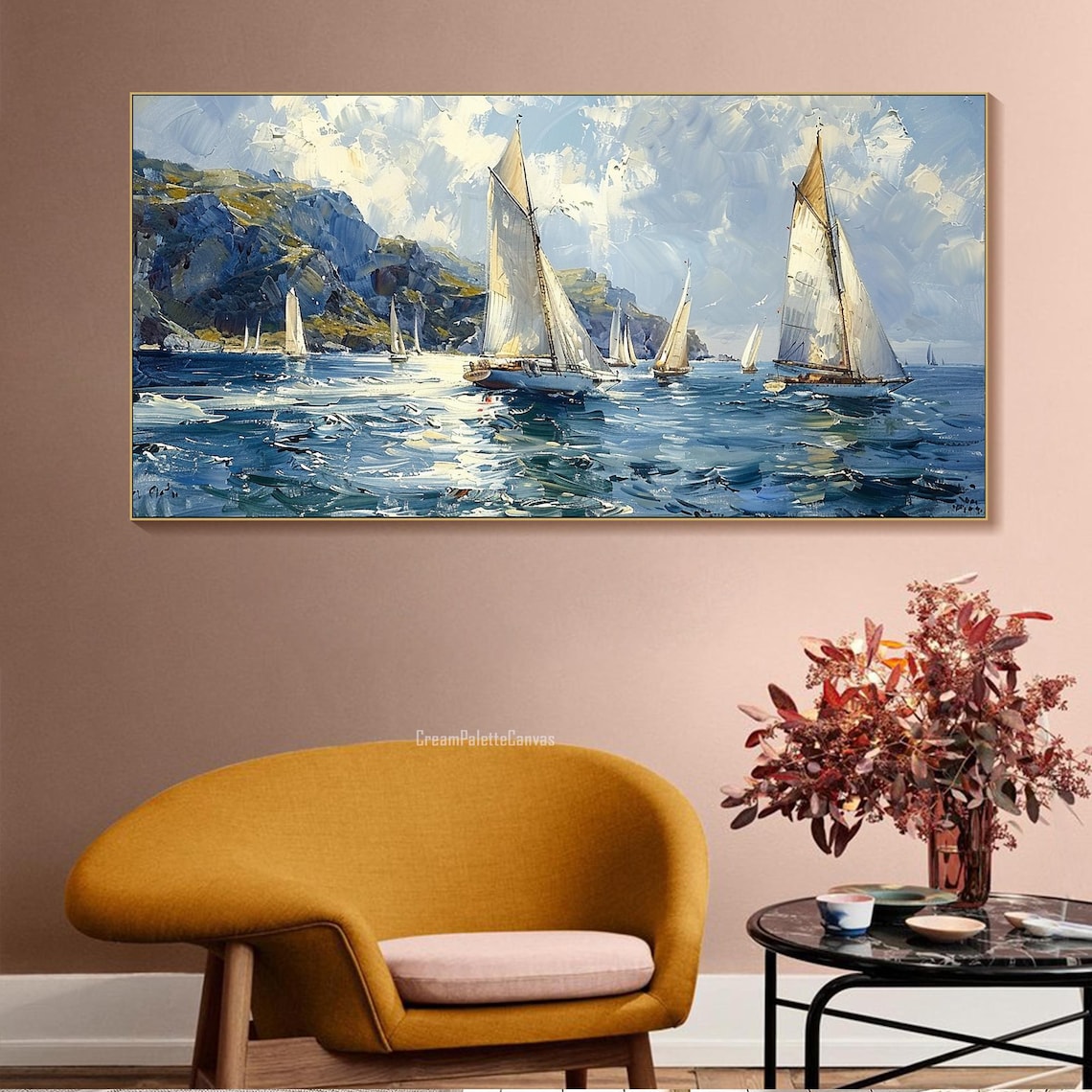 White Sailboats on the Sea, Abstract Oil Painting - Image 2