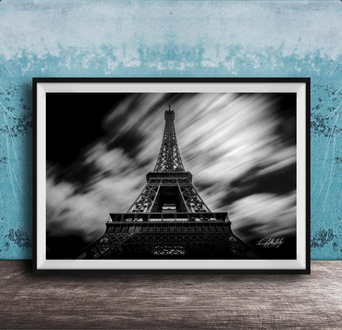 Eiffel Tower Black And White Night Dramatic Cloud Photo Poster