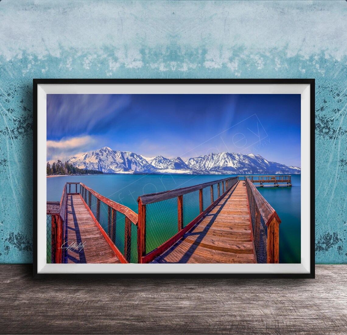 Lake Tahoe Wooden Pier Snow Capped Mountains Lake Photography Wall Art