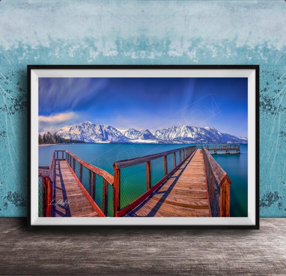 Lake Tahoe Pier Wall Art Blue And Green Mountains Minimalist Panorama