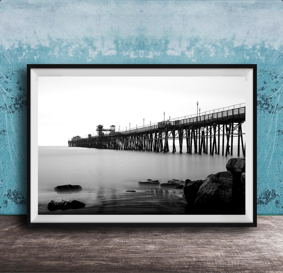Black and White Ocean Pier Long Exposure Minimalist Beach Photo Poster