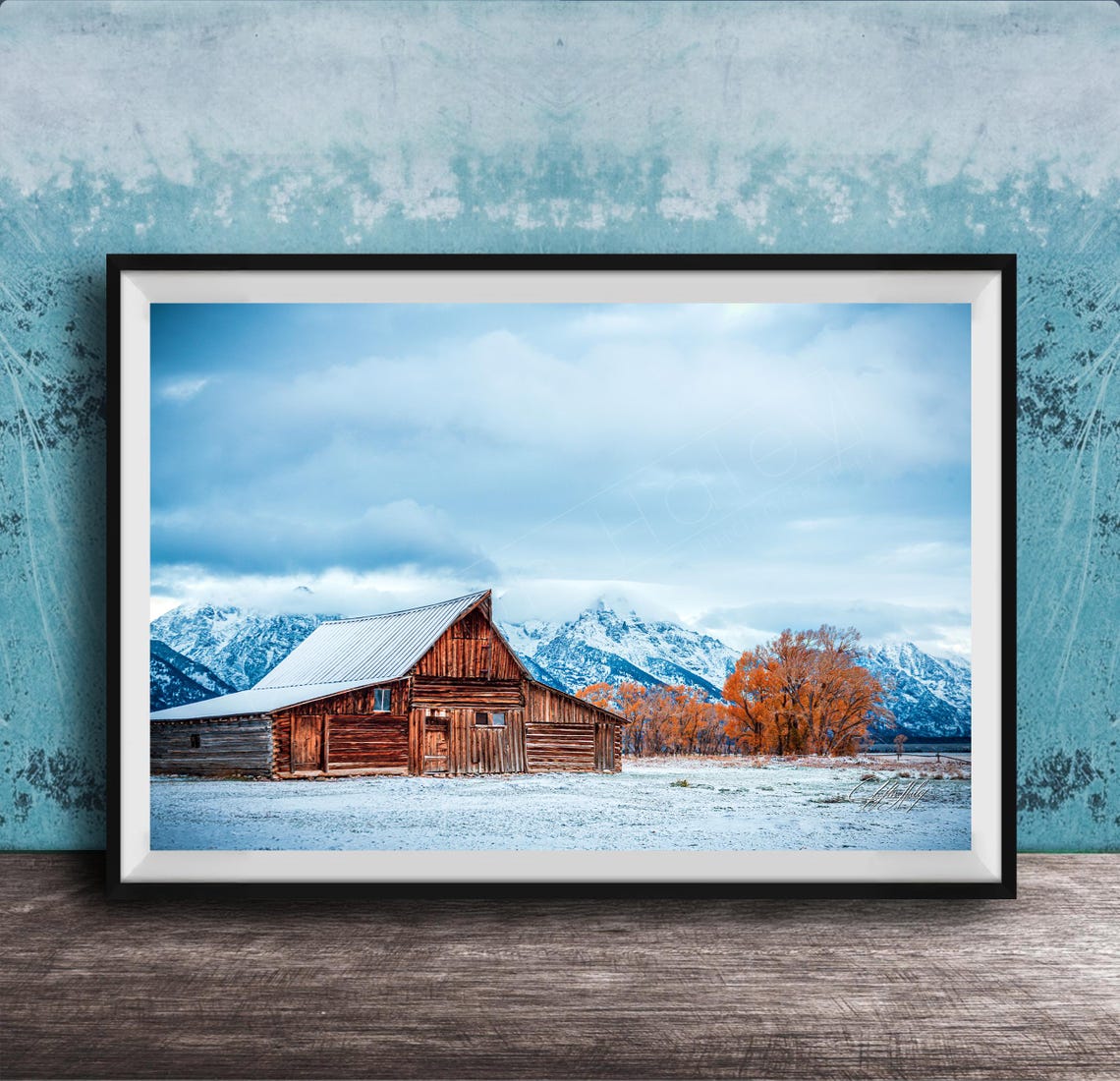 Historic Log Barn With Snowy Mountain Range Winter Photo Poster