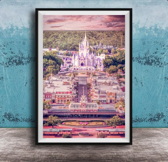 Disney Castle Print Pastel Pink Sunset Main Street Glow Wall Art