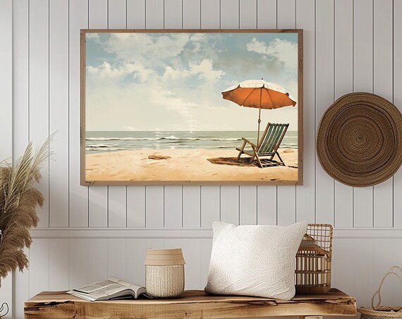 Retro Beach Chair Umbrella Ocean Waves Vintage Seaside Art Poster