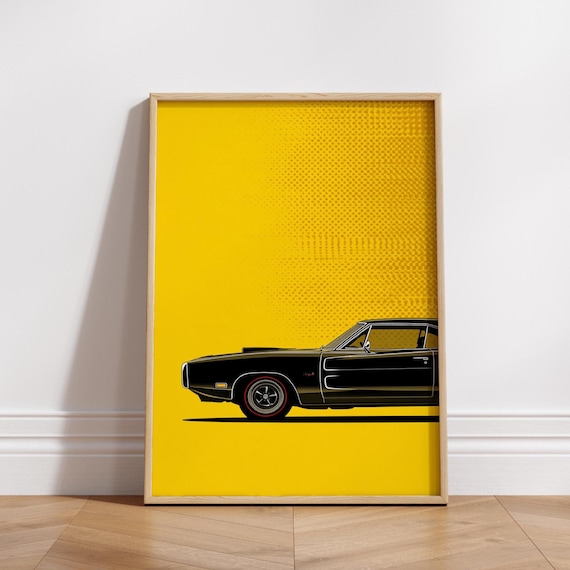 Stylized Muscle Car Poster Bold Yellow Pop Art Print 70s Retro Garage Wall Classic Decor For Men Vintage Auto Illustration